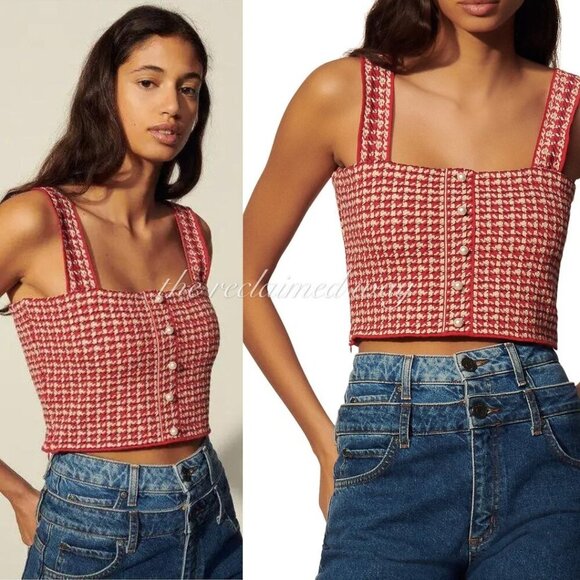 Sandro Tweed Matching Set Two Piece Daniella Crop Top Blandine Skirt Red Pearls - Picture 7 of 15